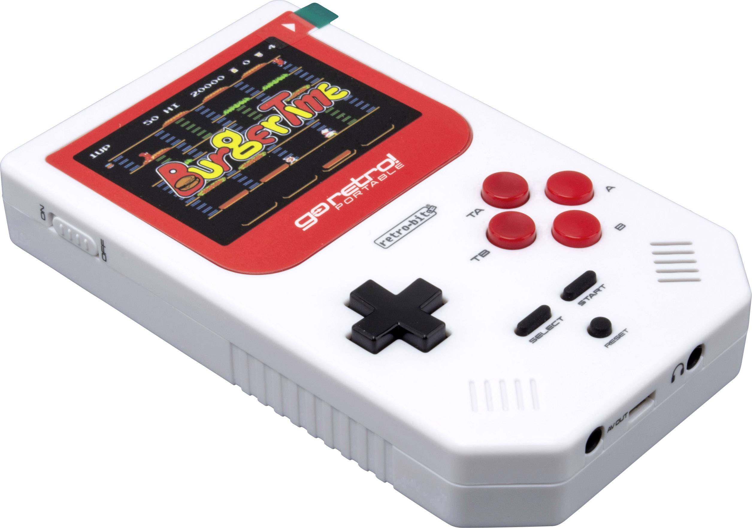 Tragbare Spielkonsole mit Bildschirm, der ein farbenfrohes Spiel namens 'Burger Time' zeigt. Enthält Steuerkreuz und rote Tasten.