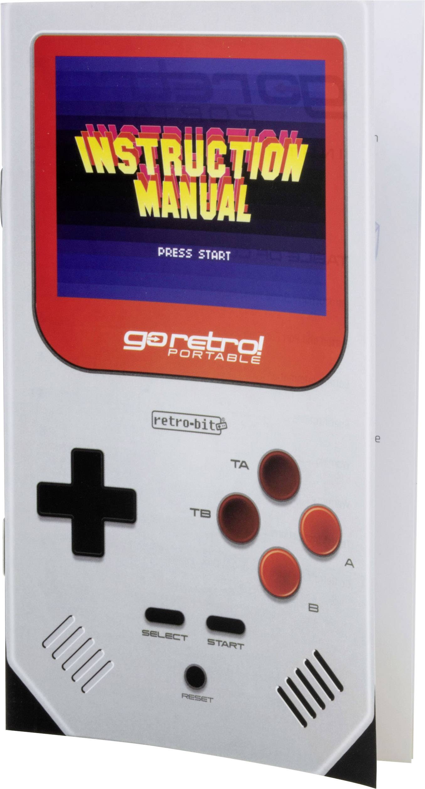 Ein Handbuch für ein Retro-Videospielgerät mit Text 'INSTRUCTION MANUAL' auf dem Bildschirm und Steuerungstasten darunter.