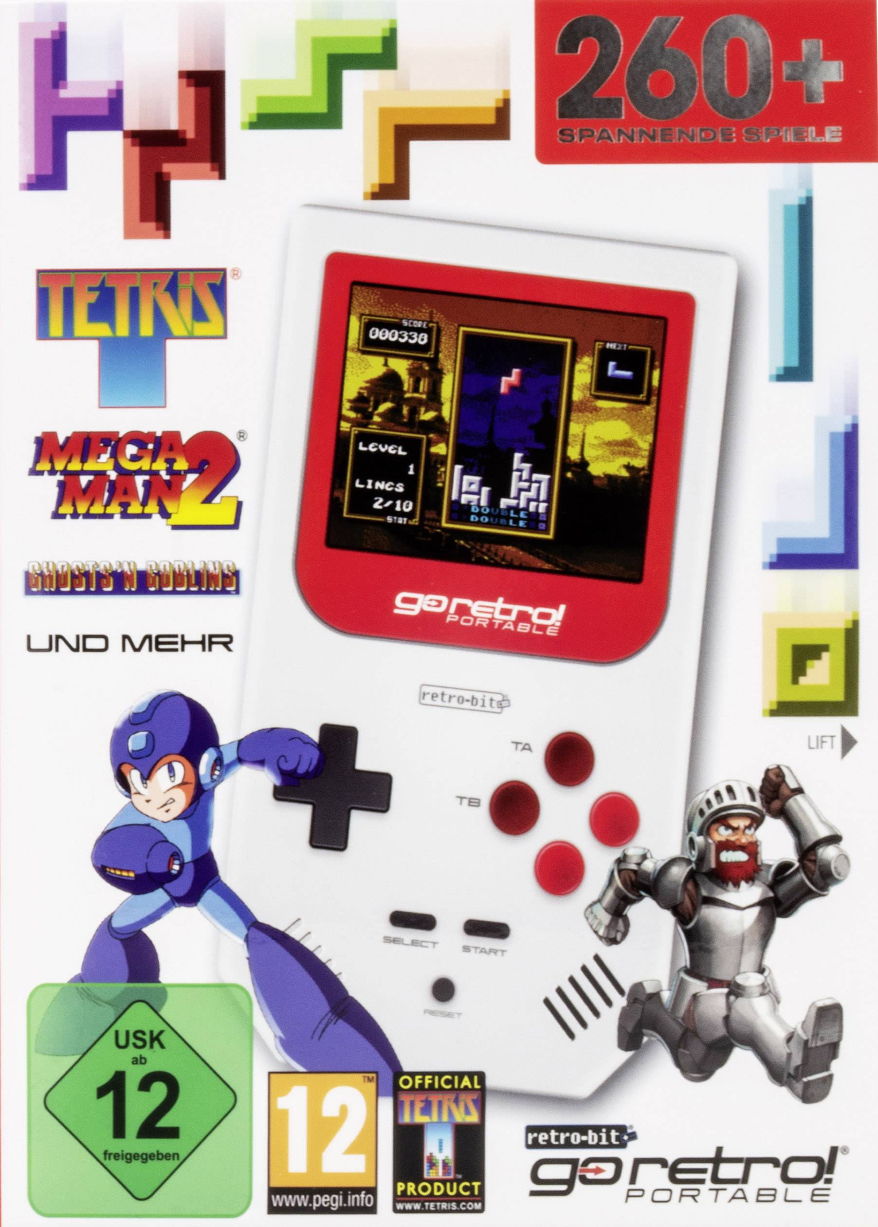 Eine Handheld-Konsole mit Spielen wie 'Tetris' und 'Mega Man 2'. Enthält Abbildung des Gameplays, Mega Man und eines Ritters. Ab 12 Jahren.