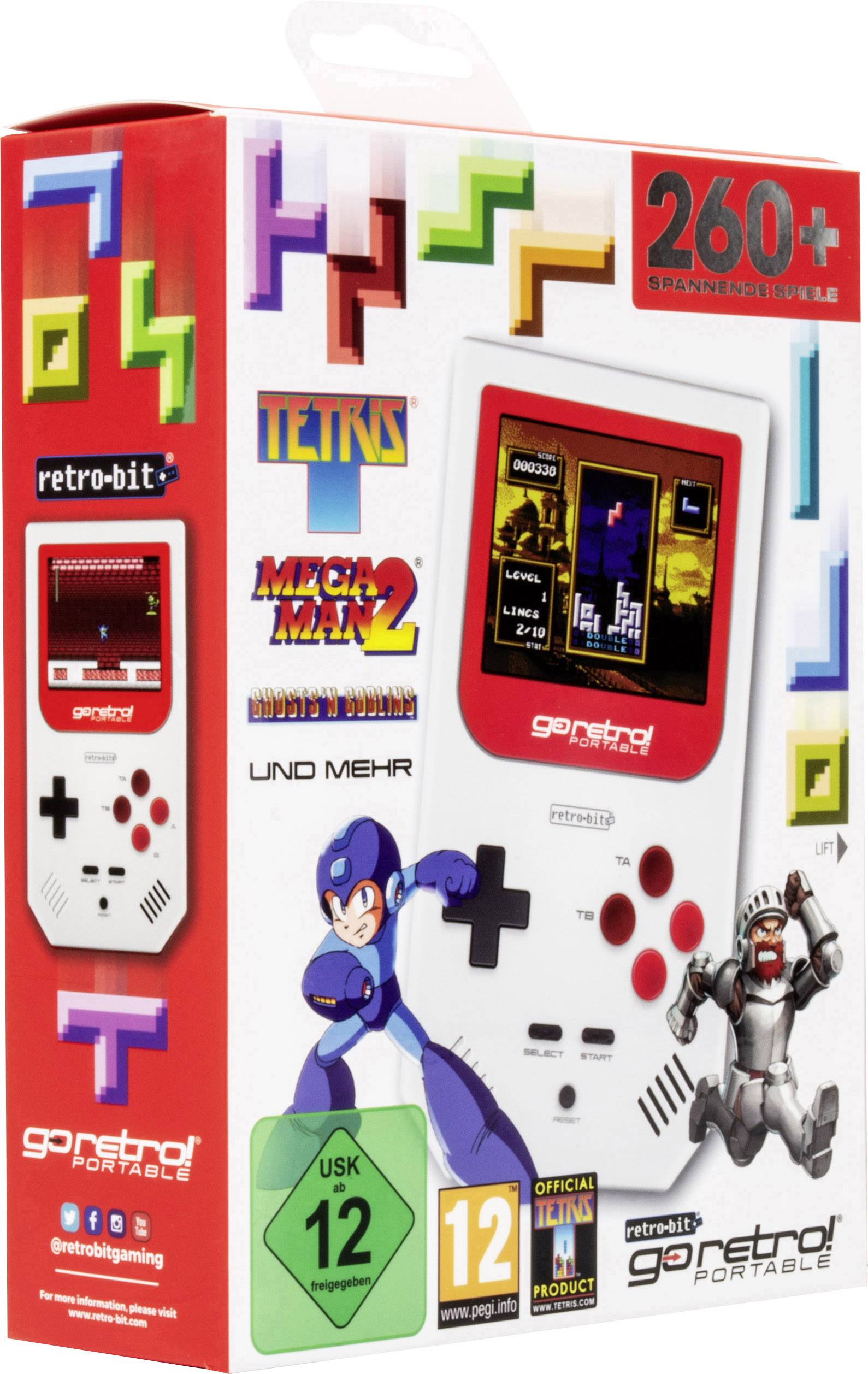 Eine Verpackung einer tragbaren Retro-Spielkonsole mit Spielen wie 'Tetris' und 'Mega Man 2'. Zeigt Konsole und Spielfiguren.