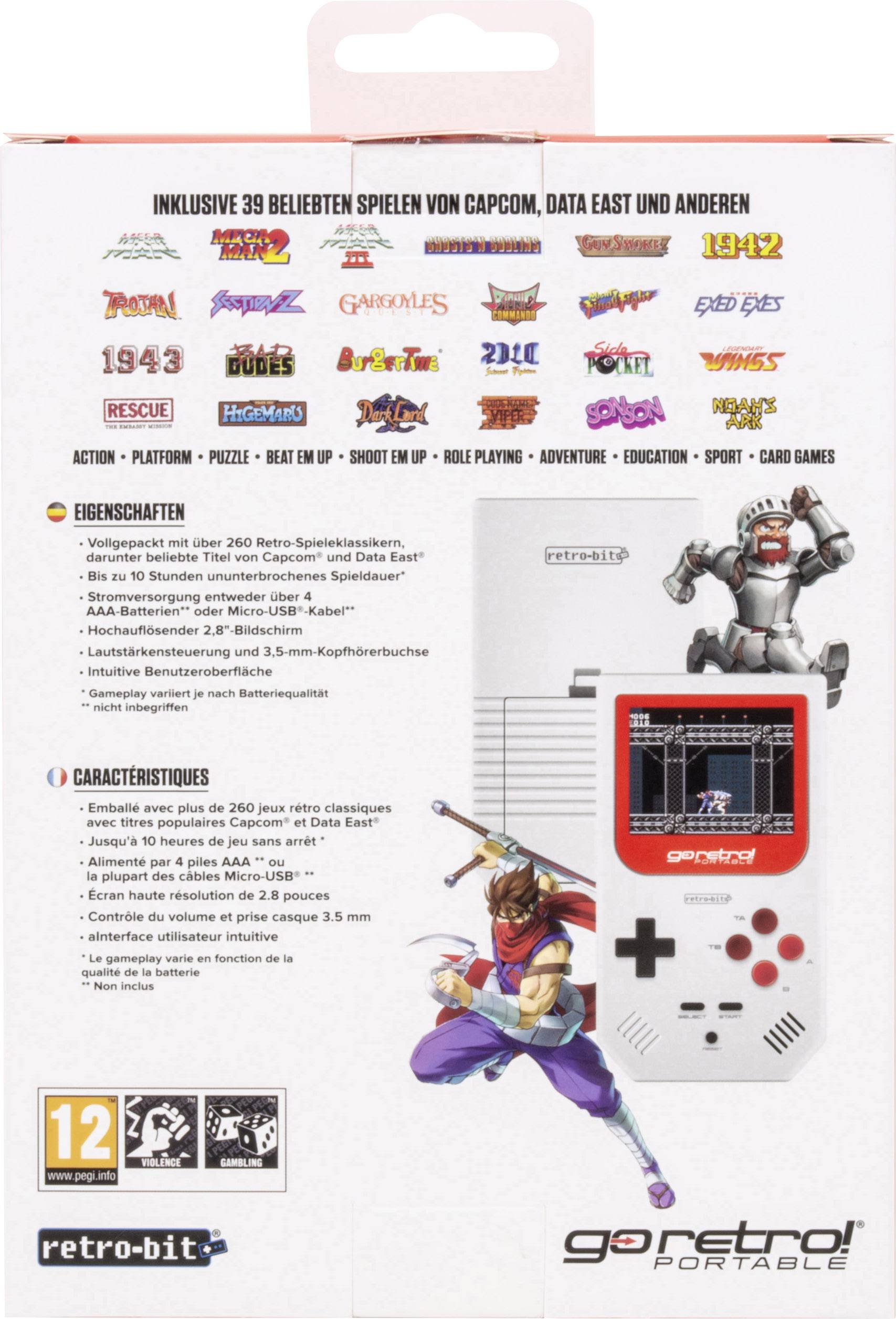 'Retro-Bit Go Retro! Portable' Verpackung. Enthält 39 Spiele von Capcom, Data East und anderen. Abbildung der Konsole und Spielelogos. Ab 12 Jahren.