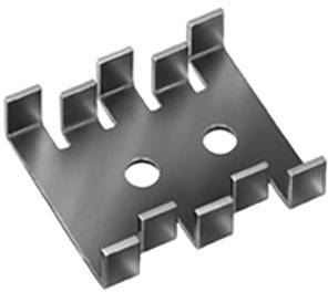 Metallobjekt mit quadratischer Basis und zwei zentralen Löchern, umgeben von erhöhten Zacken an den Rändern.