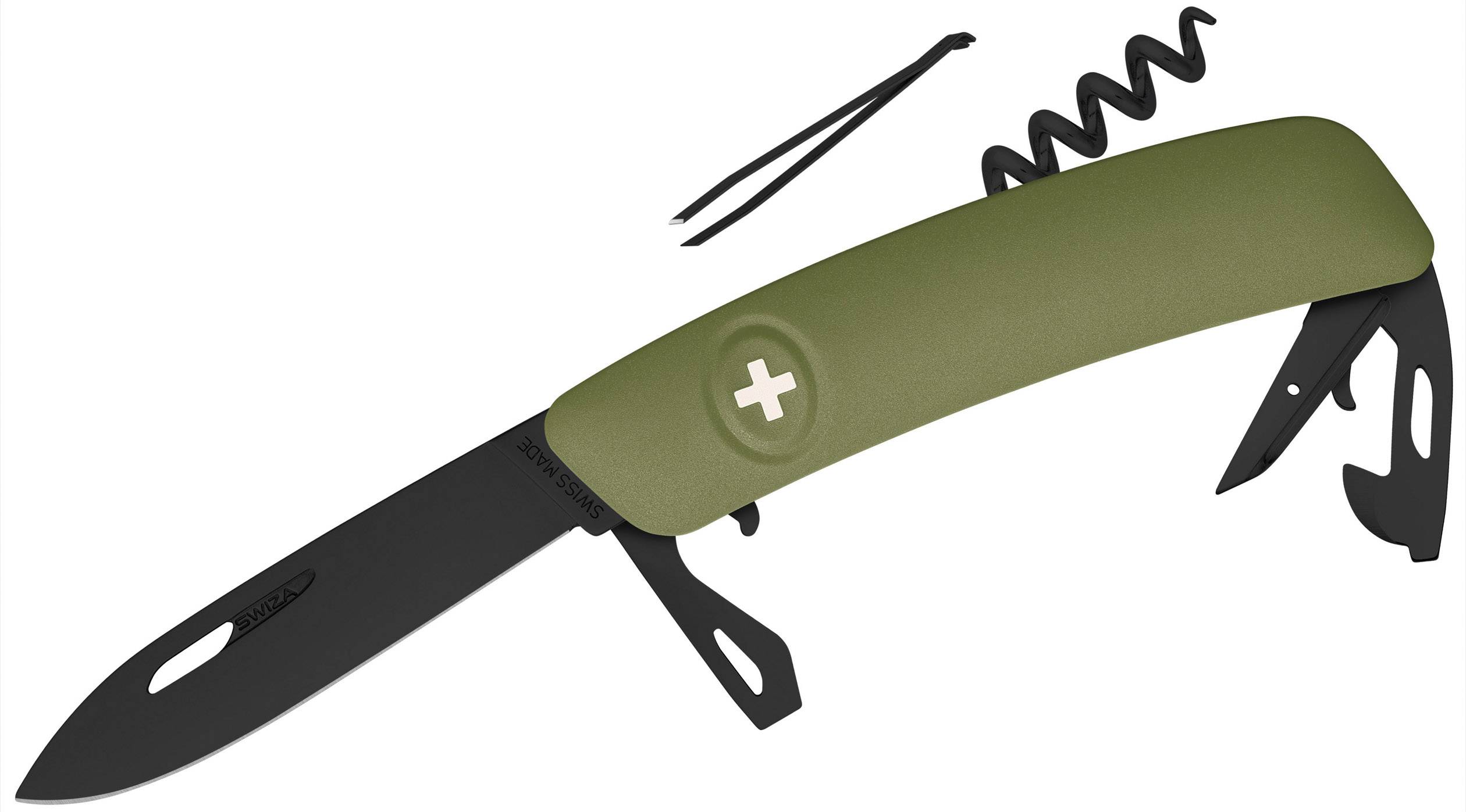 SWIZA D03 AllBlack KNI.0033.1050 Schweizer Taschenmesser mit Soft-Touch Anzahl Funktionen 11 Oliv