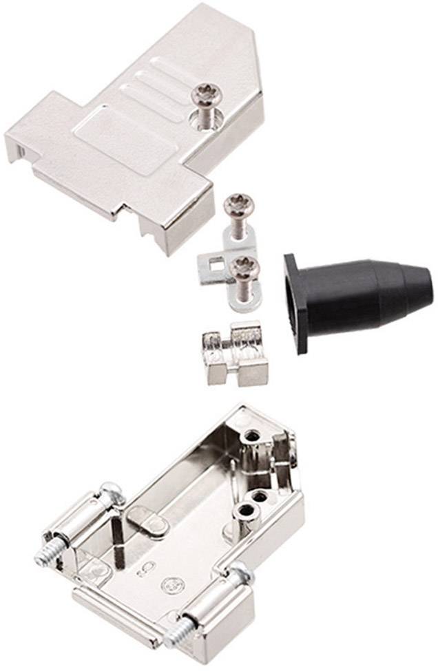 Metallisches D-Sub-Kabelgehäuse, zerlegt. Teile umfassen Gehäuseschalen, Schrauben und Kabelklemme. Ideal für Kabelverbindungen.