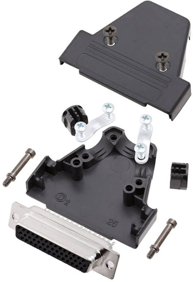 Ein auseinandergebauter D-Sub-Stecker mit Gehäuse, Schrauben und Kabelhalterungen sichtbar, ermöglicht die manuelle Montage und Verbindung.