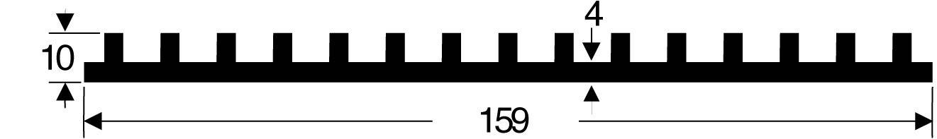Diagramm einer linearen Skala mit regelmäßigen Markierungen. Maße sind 10 Einheiten hoch, 159 Einheiten breit und 4 Einheiten Abstände.