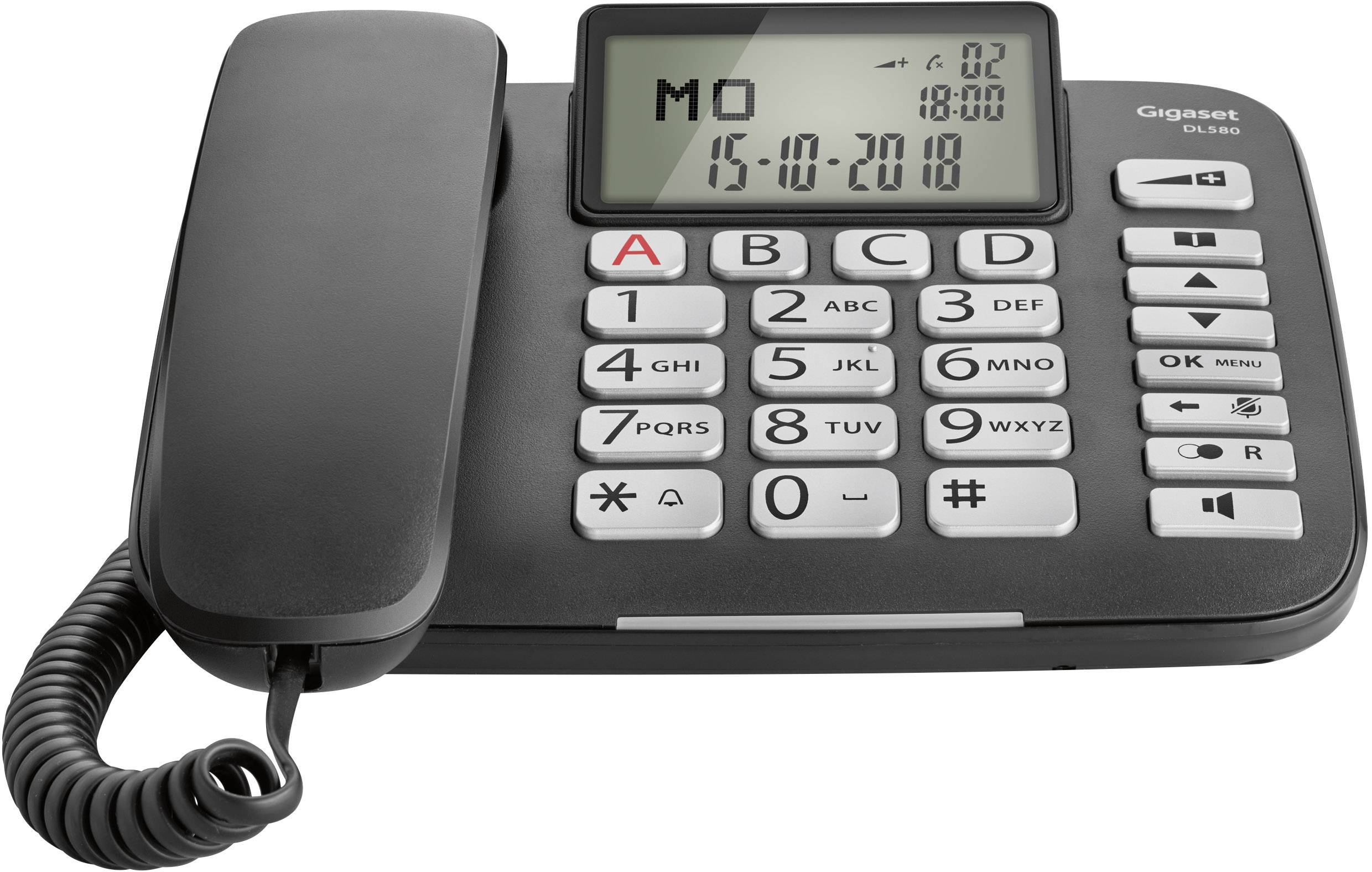 Gigaset DL580 Schnurgebundenes Seniorentelefon Freisprechen, für Hörgeräte kompatibel, Optische Anrufsignalisierung Beleuchtetes Display Schwarz