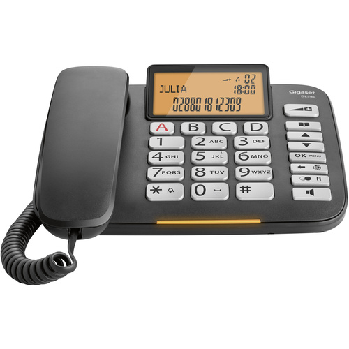 Gigaset DL580 Téléphone filaire pour séniors fonction mains libres, compatible avec les appareils auditifs, signal d'appel