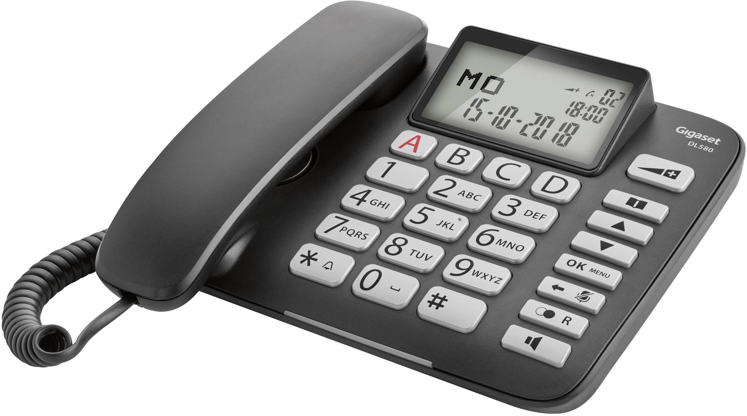 Gigaset DL580 Schnurgebundenes Seniorentelefon Freisprechen, für Hörgeräte kompatibel, Optische Anrufsignalisierung Beleuchtetes Display Schwarz