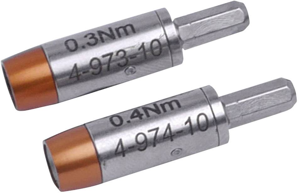 Zwei silberne und orangefarbene Schraubaufsätze mit Gravuren: '0.3Nm 4-973-10' und '0.4Nm 4-974-10', liegen nebeneinander.