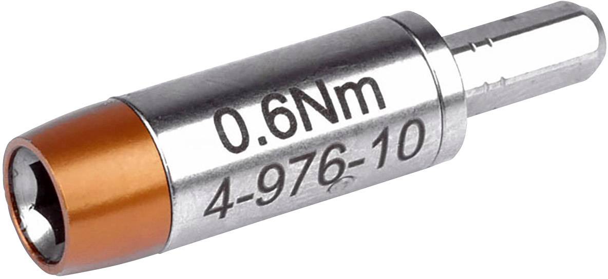 Ein kleiner Schraubendreher-Bit mit der Beschriftung '0.6Nm 4-976-10' in Metalloptik mit orangefarbener Spitze.