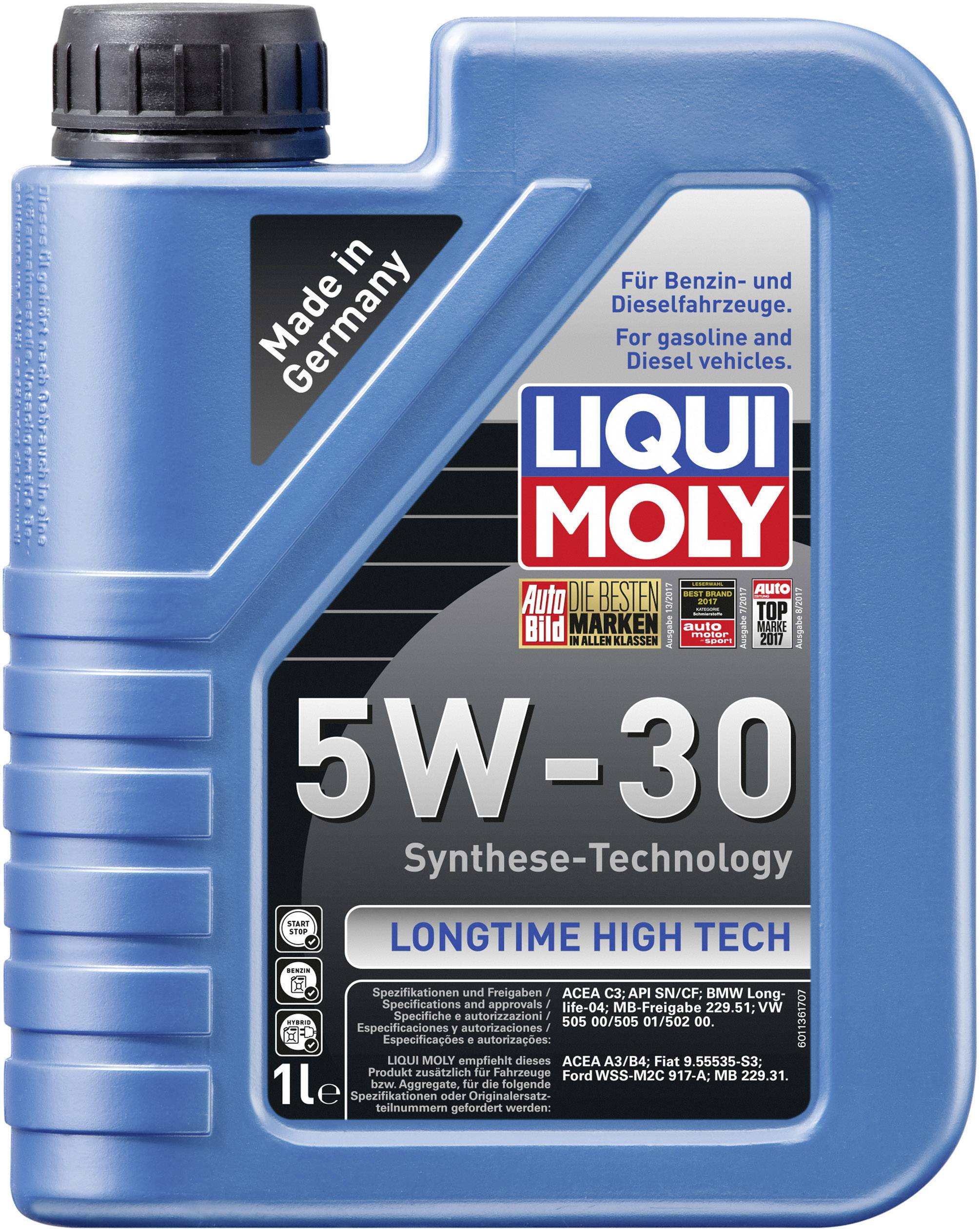 'Liqui Moly 5W-30' Motoröl-Flasche aus Plastik, 1 Liter. Label mit Informationen in Deutsch und Englisch: 'Synthese-Technology, LONGTIME HIGH TECH'.