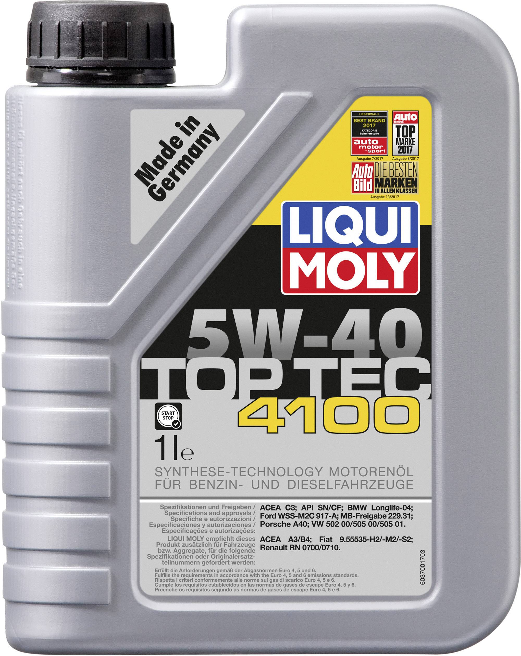 Kanister mit 'LIQUI MOLY 5W-40 Top Tec 4100' Motoröl, 1L, geeignet für Benzin- und Dieselfahrzeuge. Hergestellt in Deutschland.