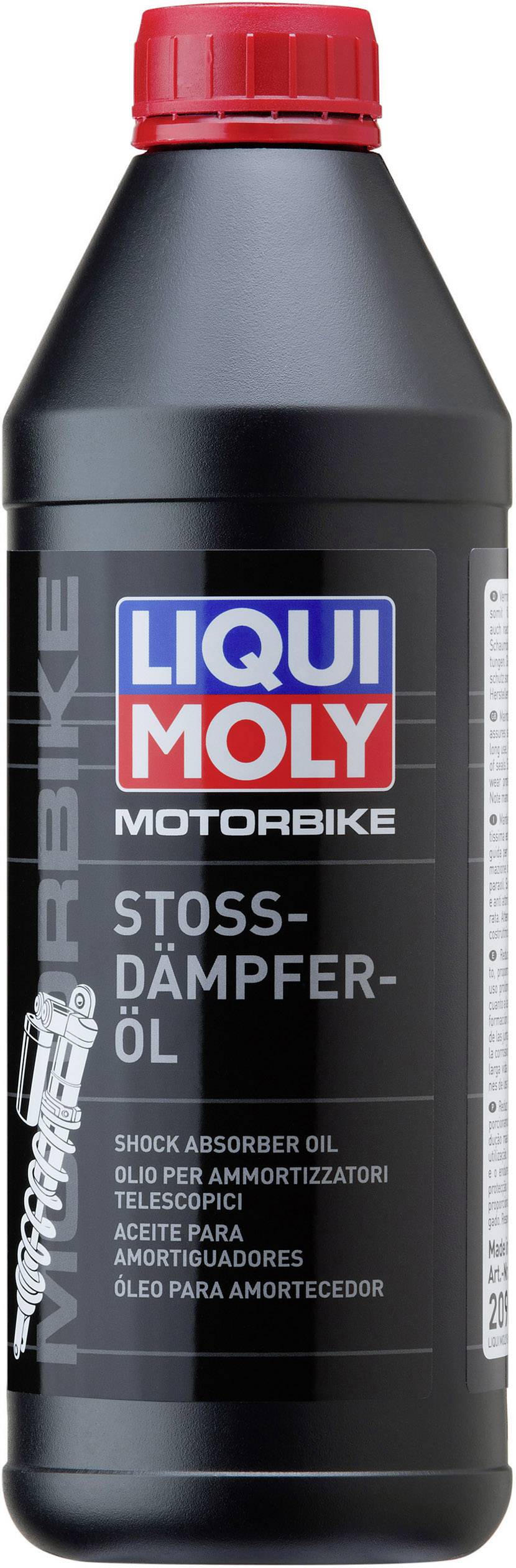 Flasche mit Liqui Moly Motorbike Stoßdämpfer-Öl, geeignet für verschiedene Zweirad-Stoßdämpfer, mit mehrsprachiger Beschriftung.