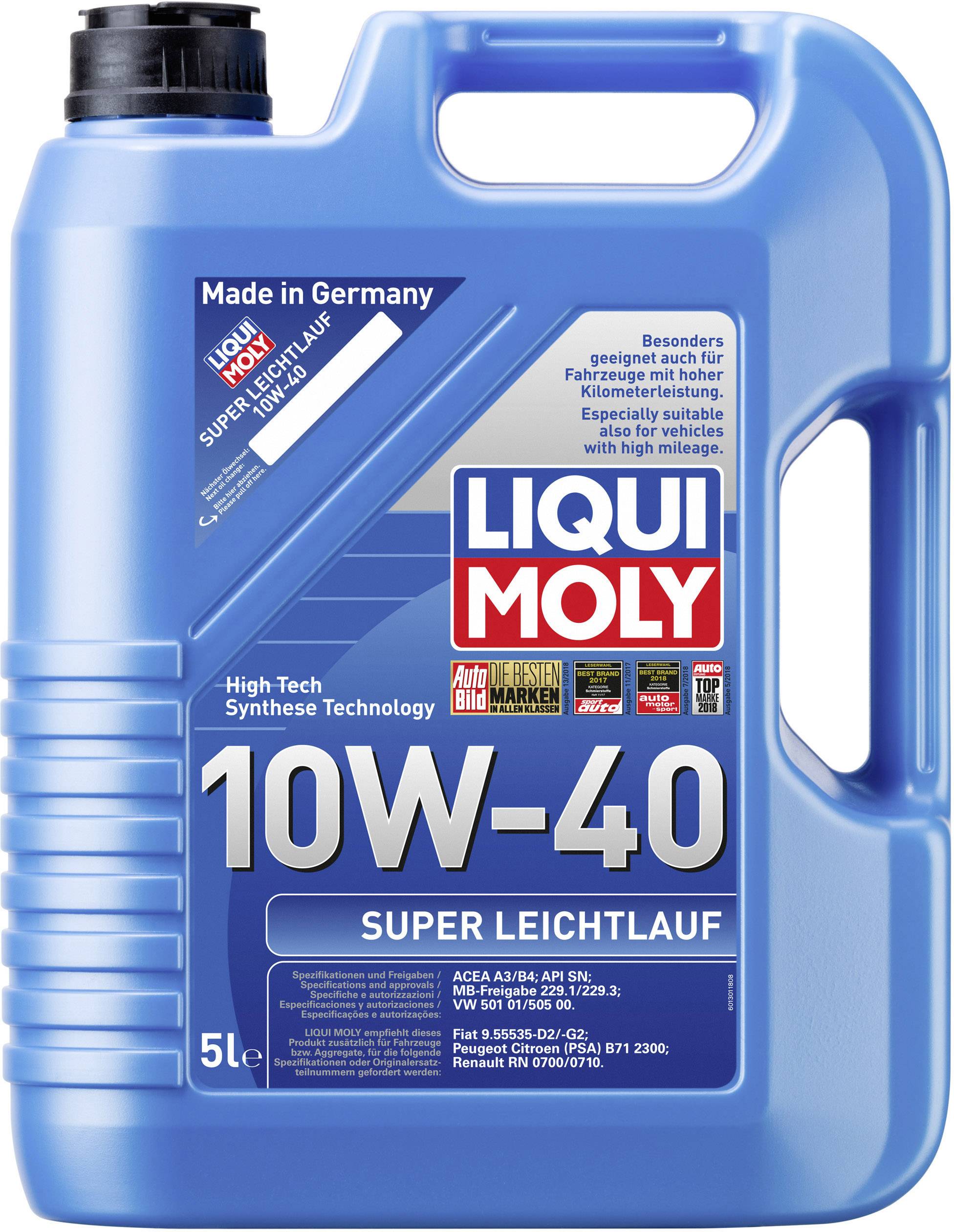 Blauer 5-Liter-Kanister LIQUI MOLY 10W-40 Motoröl, geeignet für viele Fahrzeuge, mit hoher Schmierfähigkeit und deutscher Herstellung.