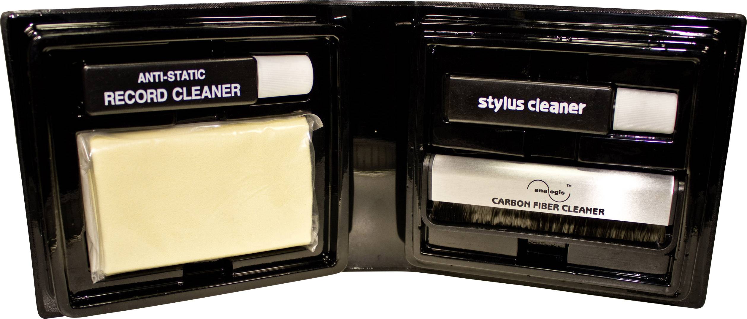 Set mit anti-statischem Plattenreiniger, Nadelreiniger und Kohlefaserbürste für die Pflege von Schallplatten und Tonabnehmern.