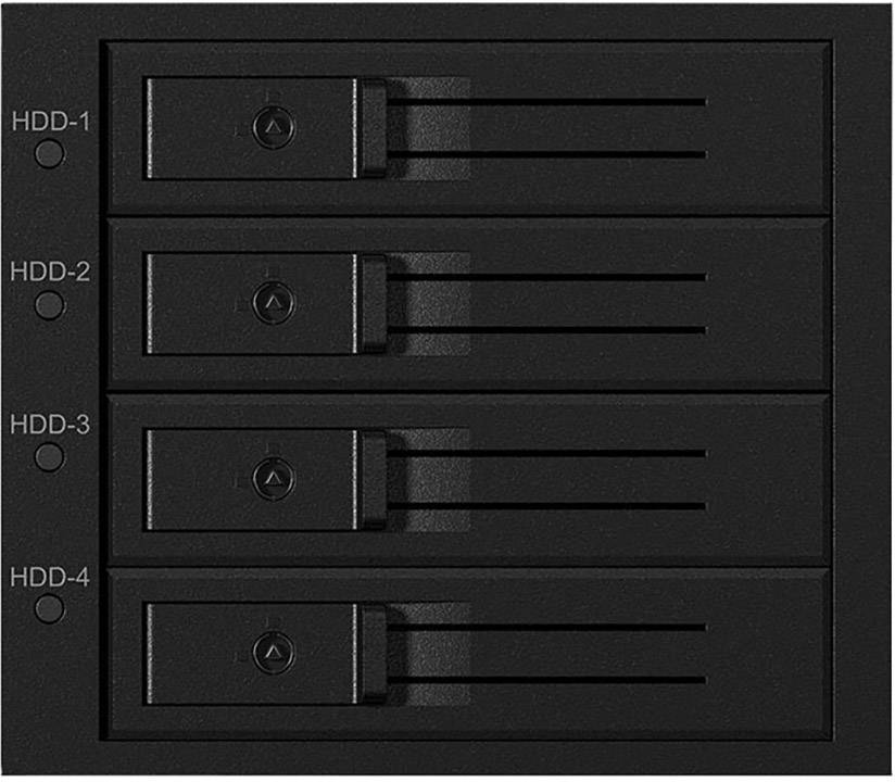 Ein schwarzer Festplatteneinschub mit vier Fächern, nummeriert von HDD-1 bis HDD-4, jeweils mit einem Verriegelungsmechanismus.