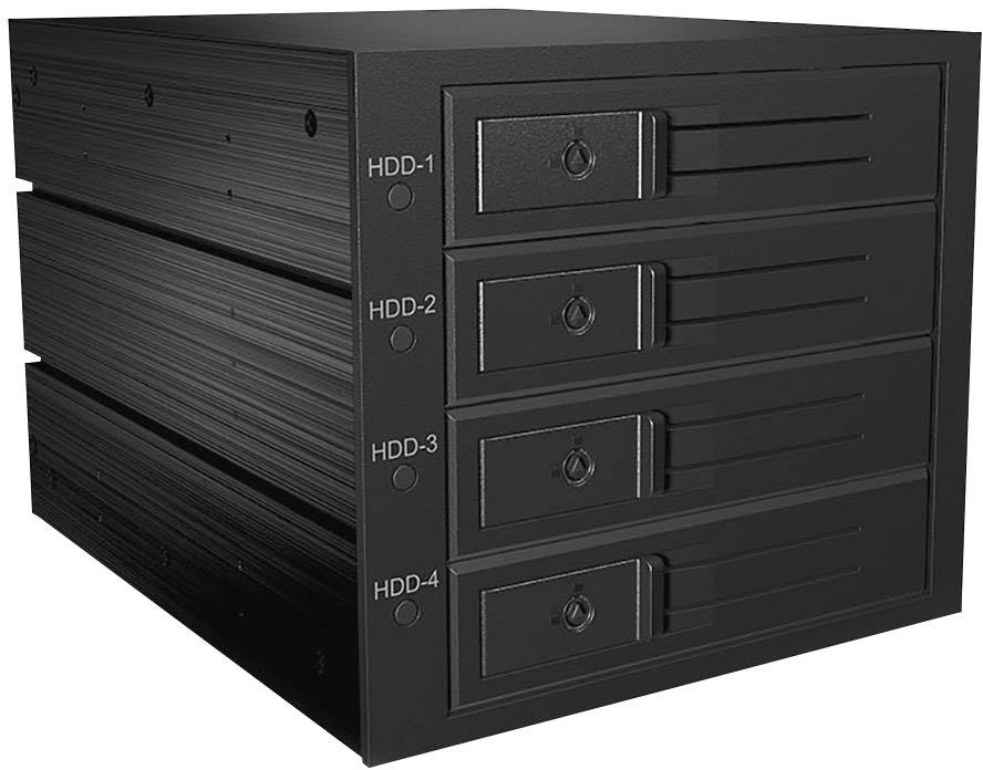 Ein schwarzes Gehäuse mit vier Einschüben, beschriftet mit 'HDD-1' bis 'HDD-4', zum Halten von Festplatten.