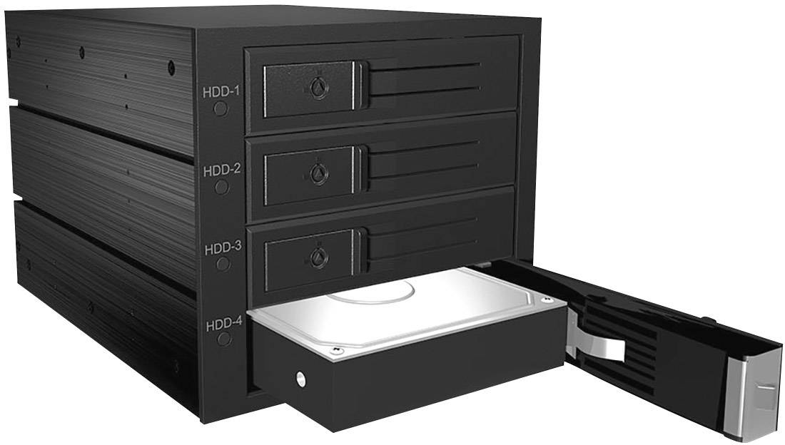 Schwarzer Festplattenkäfig mit vier Einschüben, einer davon offen mit sichtbarer Festplatte. Beschriftungen HDD-1 bis HDD-4.