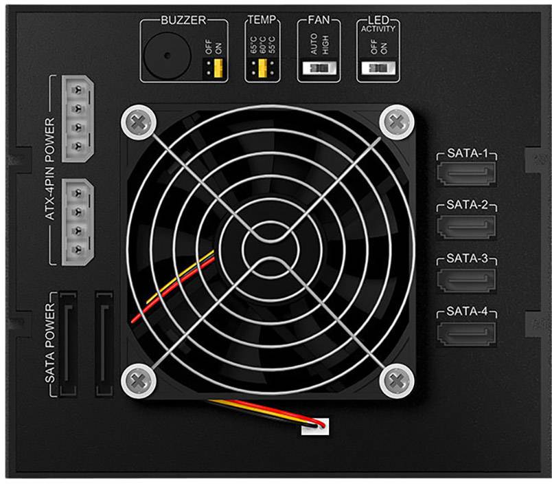 Elektronisches Gerät mit Lüfter in der Mitte, Anschlüssen links und rechts, und Kontrollleuchten oben für Temperatur und Aktivität.