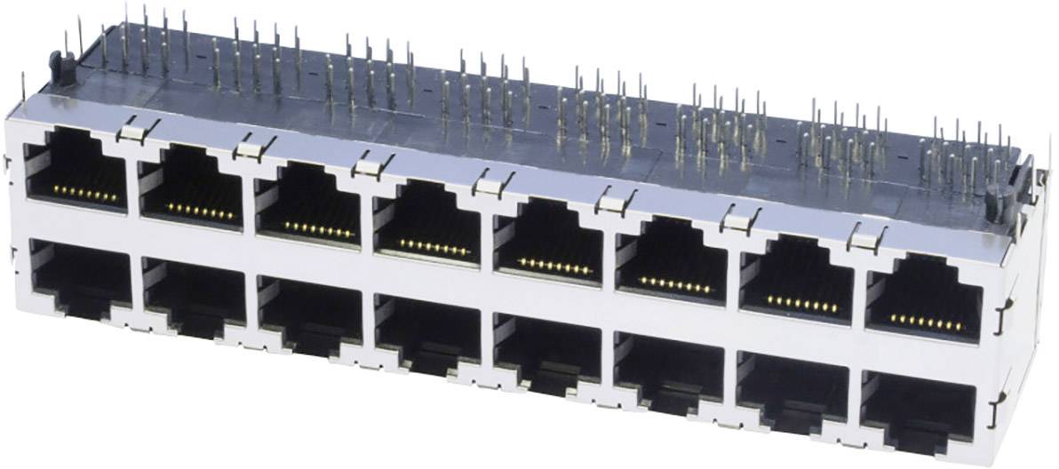 Ein Block mit mehreren Ethernet-Ports zur Netzwerkverbindung, geeignet für eine Platinenmontage.