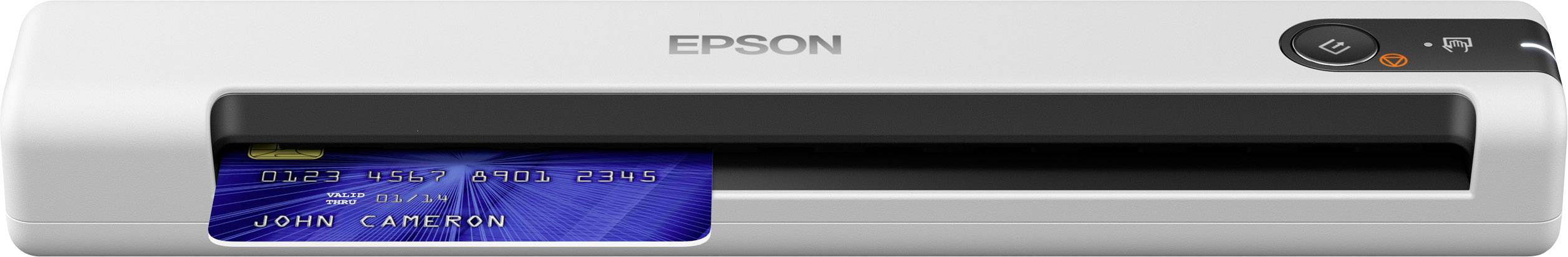 Ein Epson-Kartendrucker druckt eine blaue Karte mit Namen 'John Cameron'. Oben ist das Epson-Logo zu sehen.