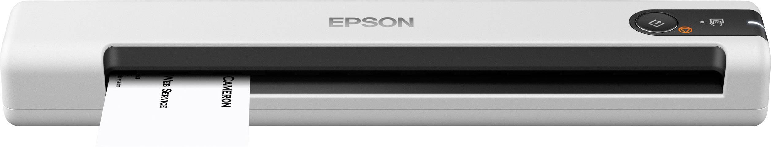 Ein tragbarer Epson-Scanner scannt ein Dokument. Das Gerät ist kompakt und weiß, mit einem schwarzen Scannerbereich und Bedientasten rechts.