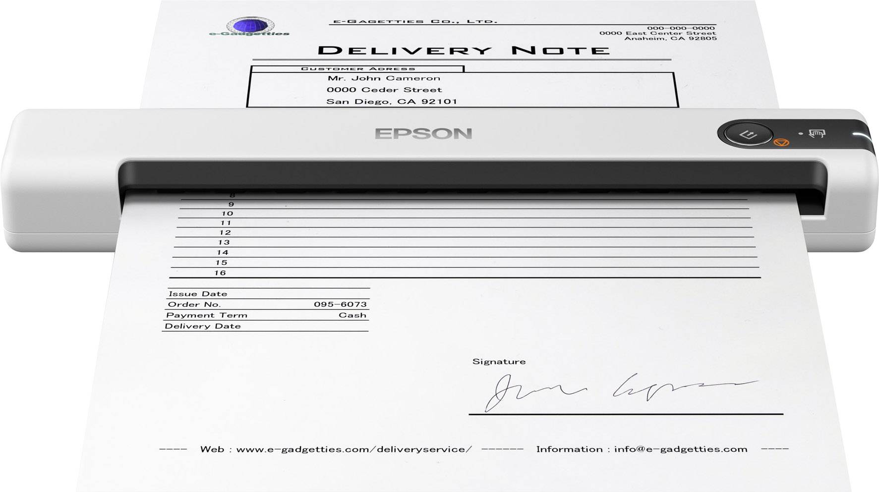 Ein kompaktes weißes Epson-Scannergerät scannt eine 'Delivery Note', unten mit 'Mr. John Cameron' und einer Unterschrift.