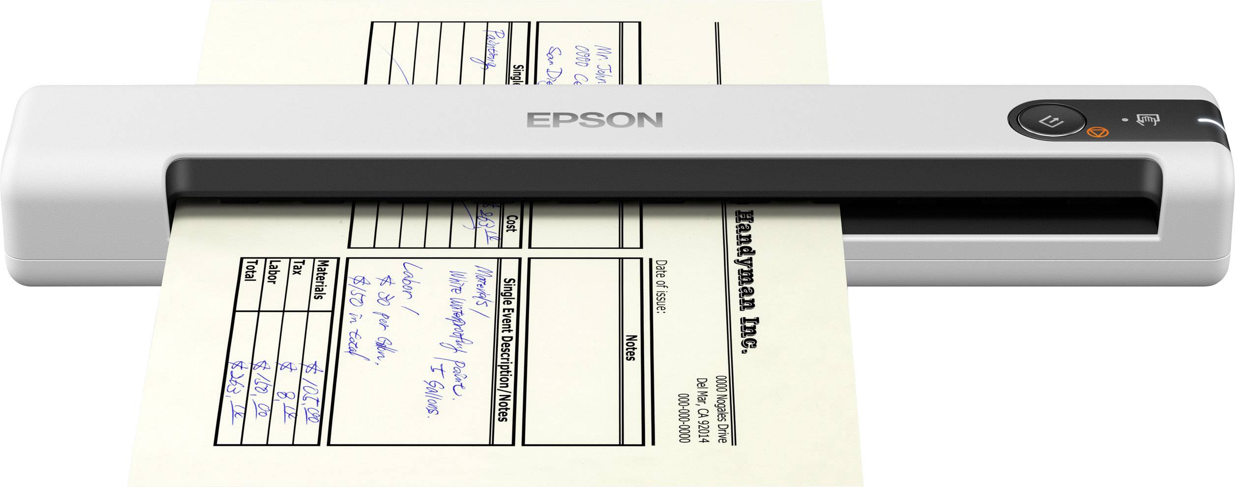 Ein Dokumentenscanner scannt ein Formular mit Tabellen und handgeschriebenen Notizen. Der Scanner ist von der Marke Epson.