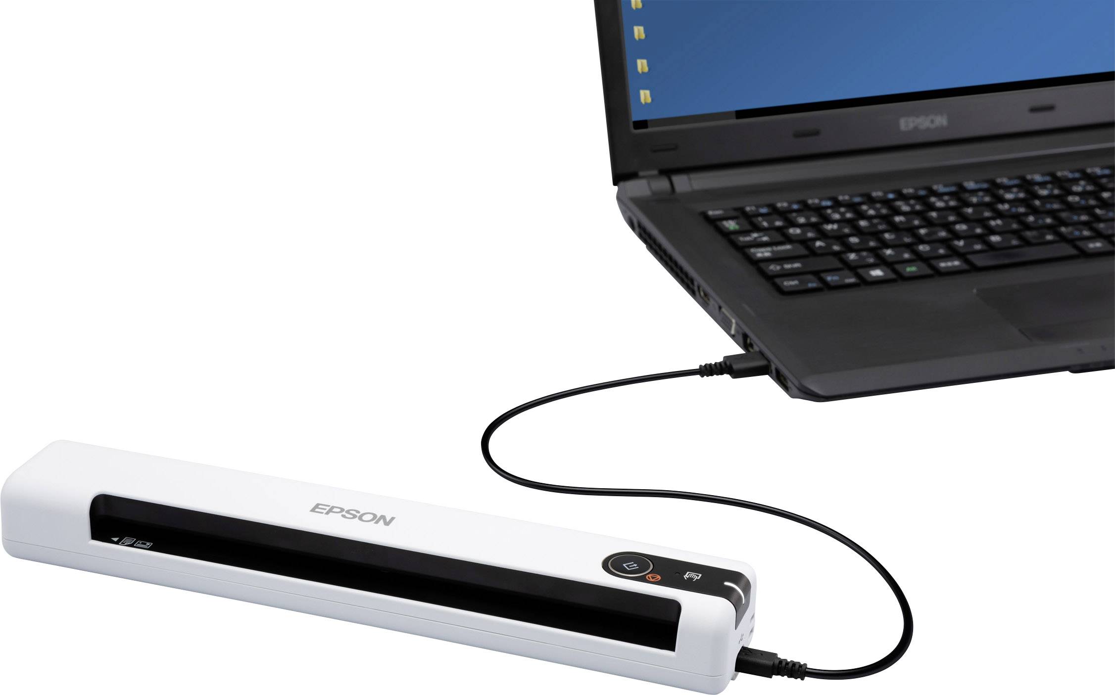 Ein kompakter tragbarer Scanner von Epson ist per Kabel mit einem geöffneten Laptop verbunden.