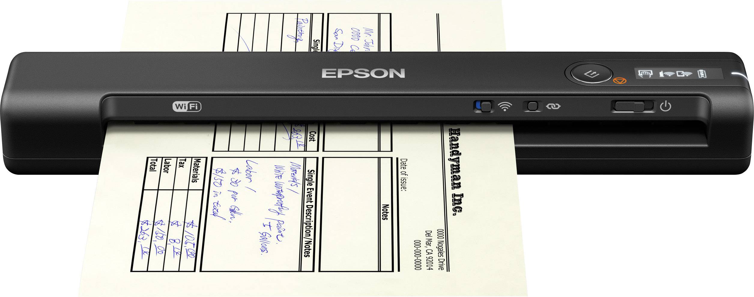 Ein mobiler WLAN-Scanner von Epson scannt ein Dokument mit Tabelle und handschriftlichen Notizen.
