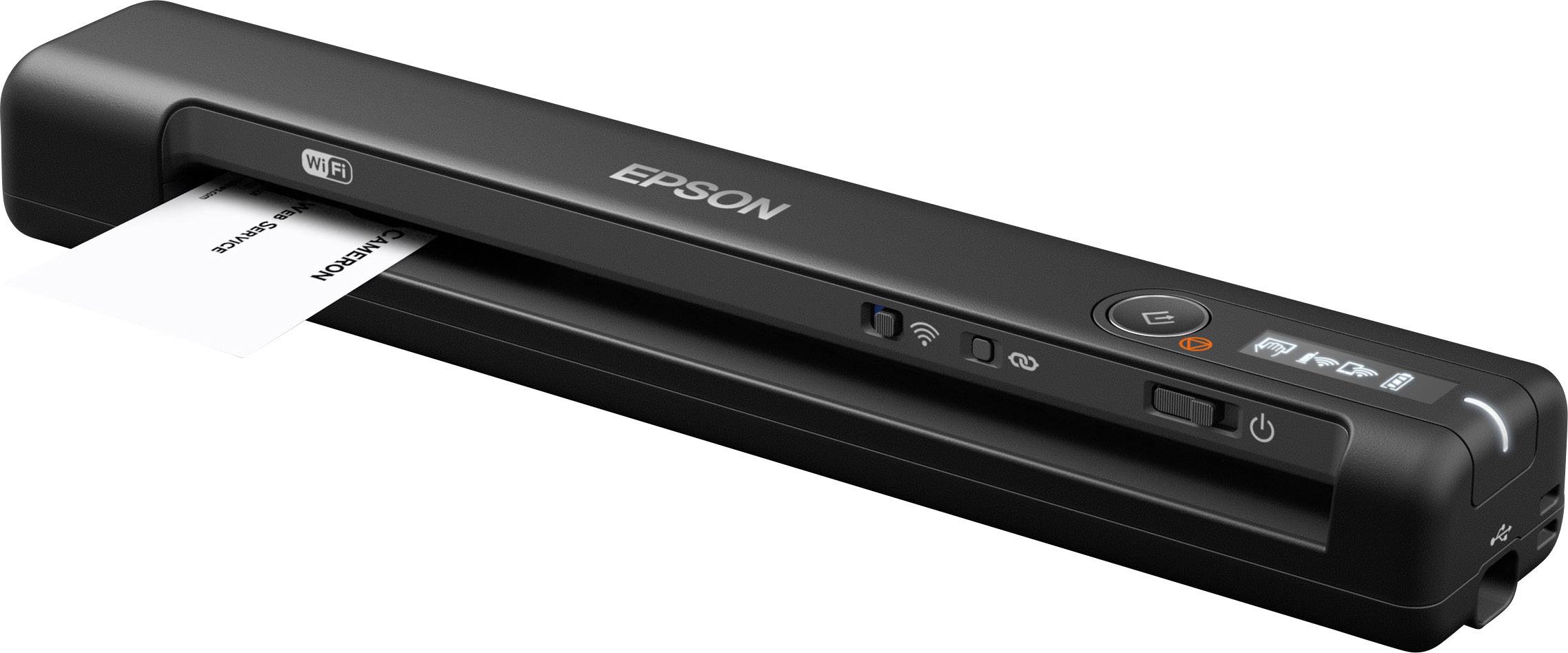 Ein tragbarer EPSON-Drucker scannt ein Dokument; die Bedienfelder und WLAN-Symbol sind gut sichtbar.