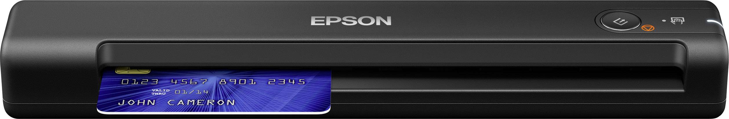 Ein kompakter Epson-Drucker zieht eine blaue Karte mit dem Namen 'John Cameron' ein.