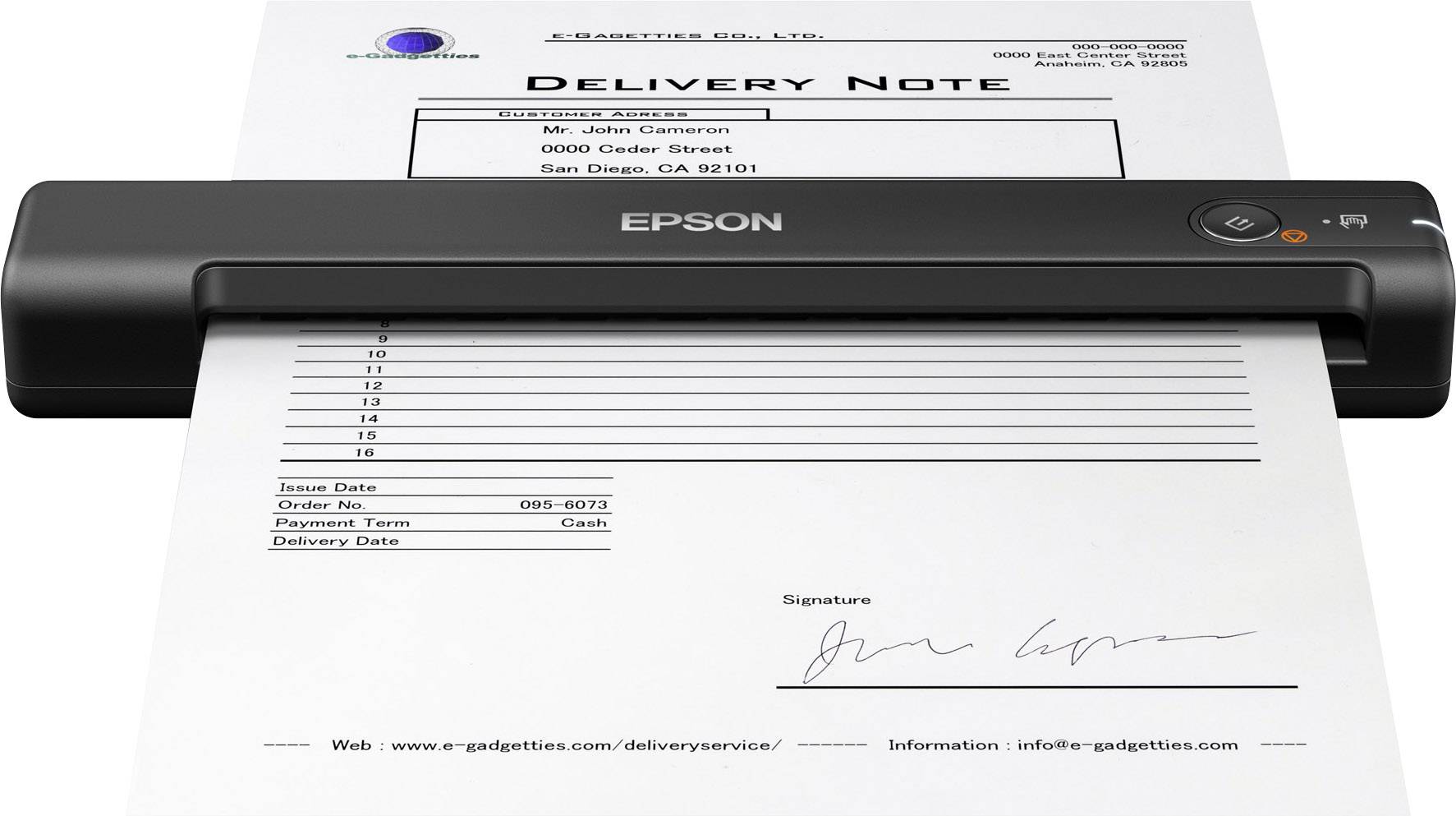 Ein Dokumentenscanner scannt ein 'Delivery Note'-Formular, das einem John Cameron geliefert wird. Der Scanner ist von der Marke Epson.