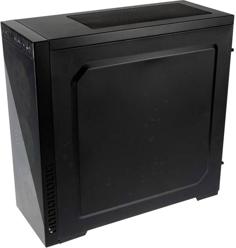 Ein schwarzes PC-Gehäuse aus Metall mit Lüftungsschlitzen an den Seiten, Vorderseite enthält Anschlüsse und USB-Ports.