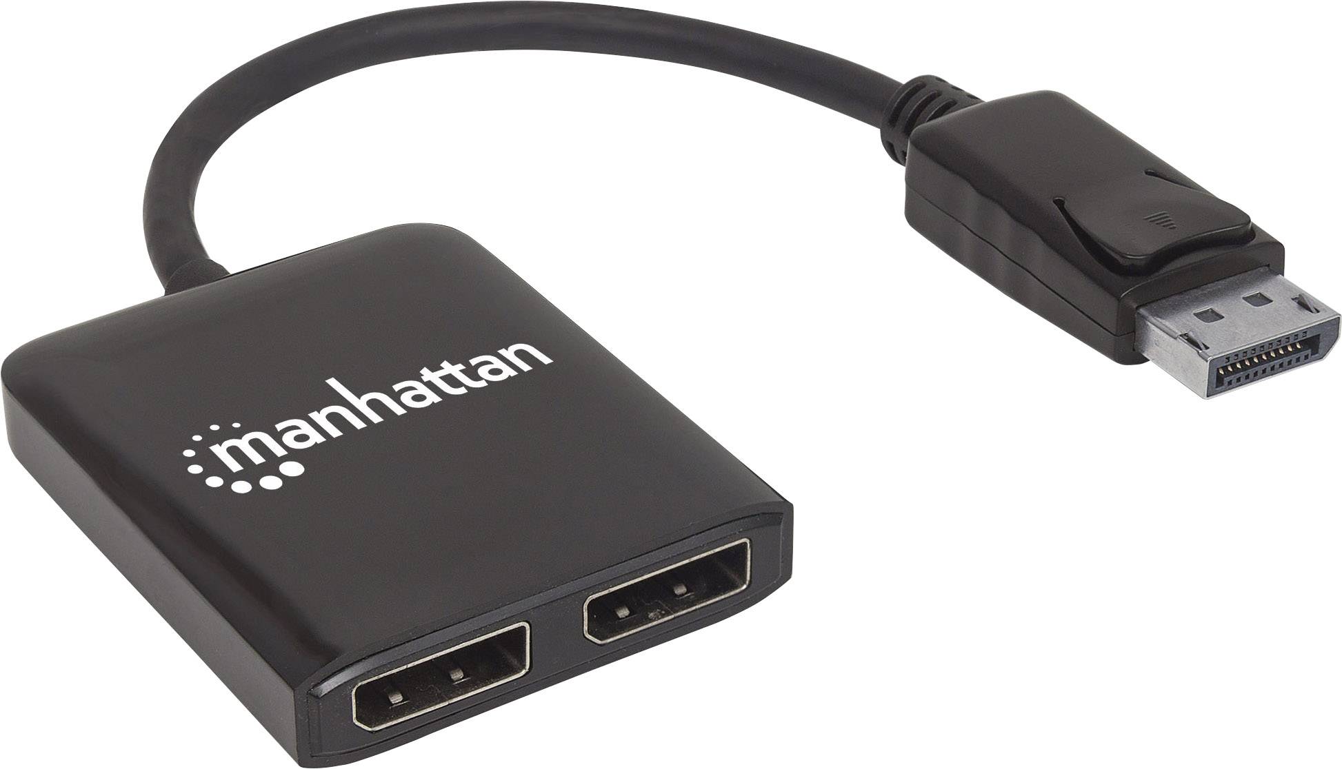Schwarzer DisplayPort-Adapter von Manhattan mit zwei Display-Ausgängen, geeignet zur Verbindung von Monitoren mit einem Computer.