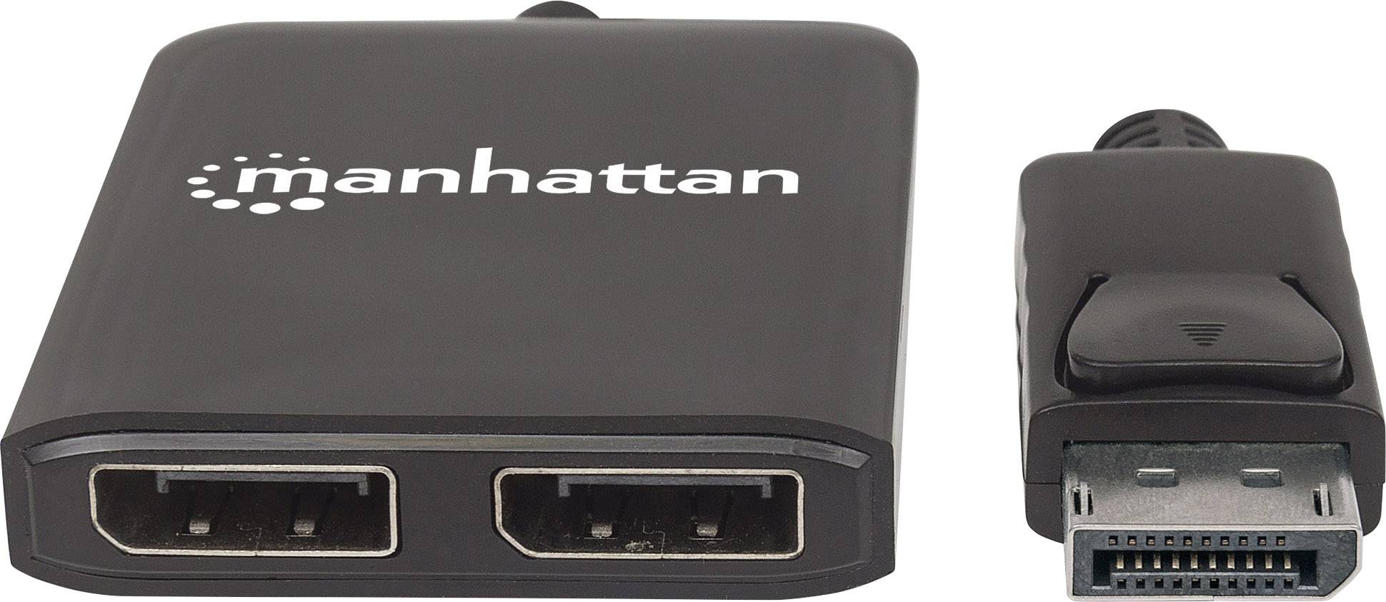 Ein schwarzer Adapter von 'manhattan' mit zwei HDMI-Anschlüssen und einem DisplayPort-Stecker, verwendet zum Verbinden von Geräten.