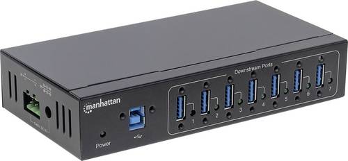 Manhattan 7-Port USB 3.0 Hub für Industrieanwendungen, Sieben USB 3.0 Typ A-Ports, 20 kV ESD-Schutz, Stromversorgung per Blockklemmen, Netzteil oder USB, DIN-Hutschiene, USB-Kabel mit Schrauben fixierbar