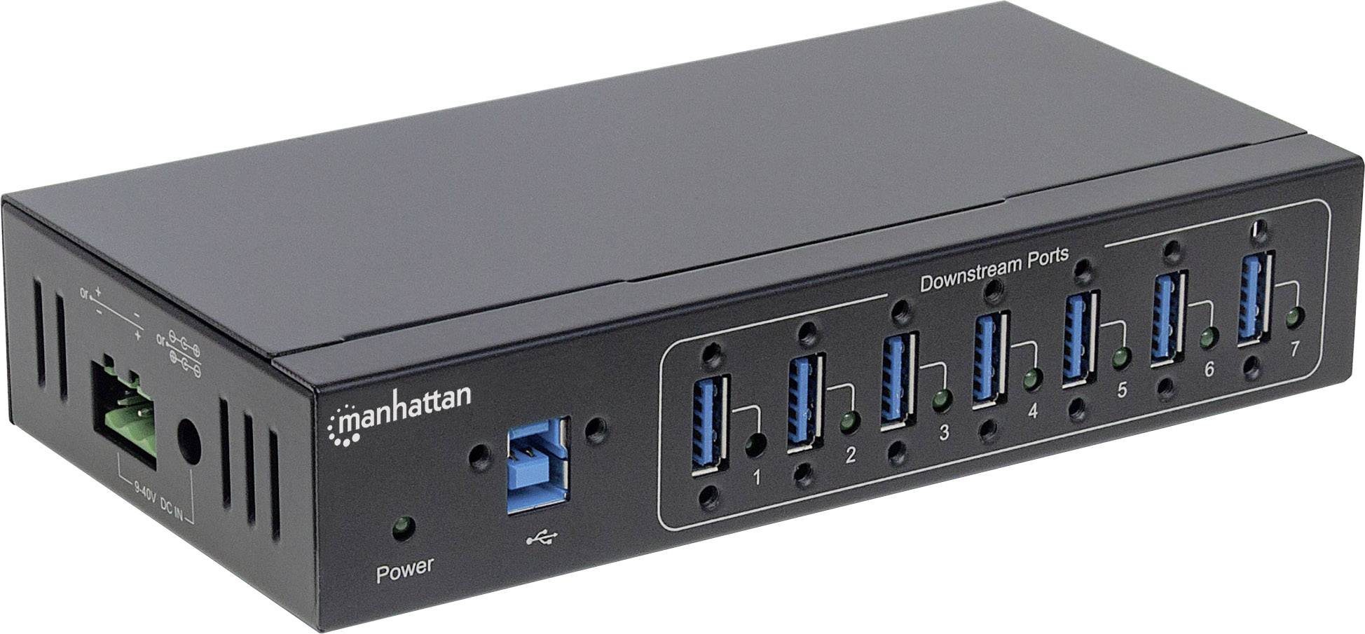 USB-Hub mit sieben blauen USB-3.0-Anschlüssen und einem Anschluss für Stromversorgung, beschriftet mit 'Downstream Ports' und 'Power'.