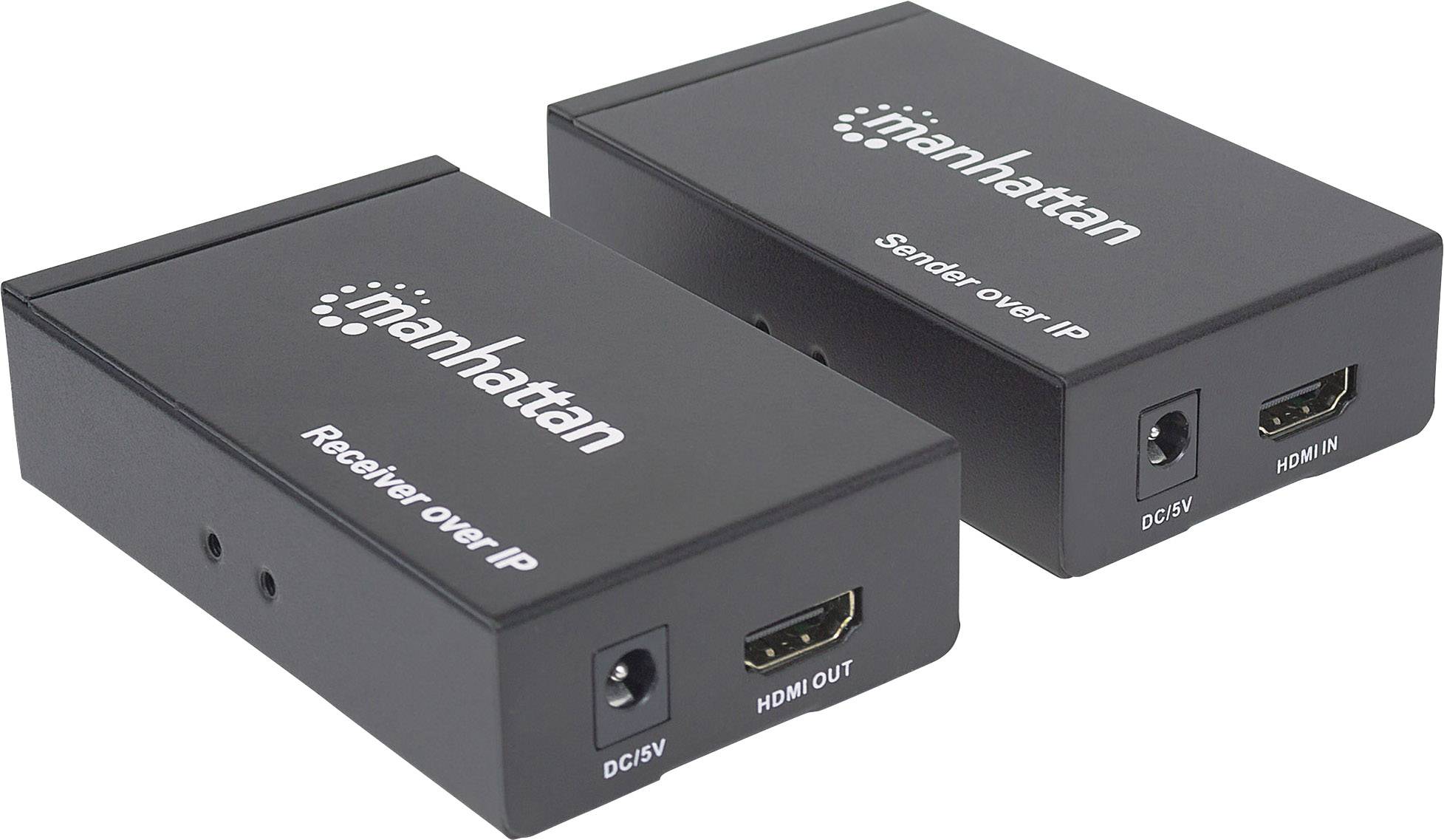 Zwei schwarze Geräte mit der Aufschrift 'Receiver over IP' und 'Sender over IP' von Manhattan, mit HDMI- und DC5V-Anschlüssen.