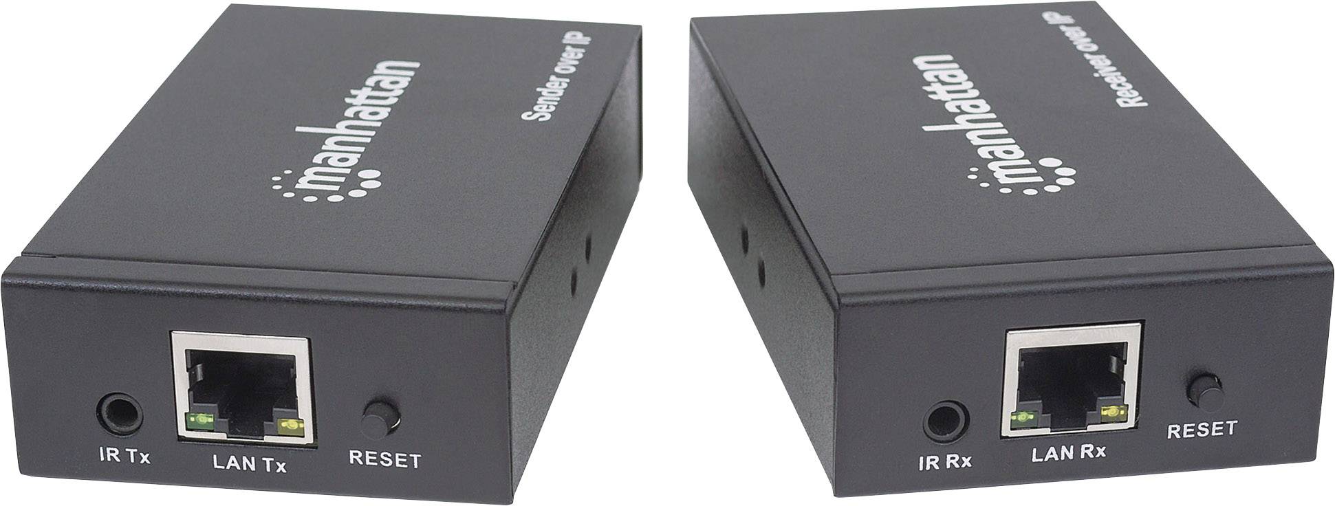 'Manhattan Sender Receiver IP' Geräte für LAN-Verbindungen mit IR- und Reset-Ports, ermöglichen Netzwerkkommunikation.