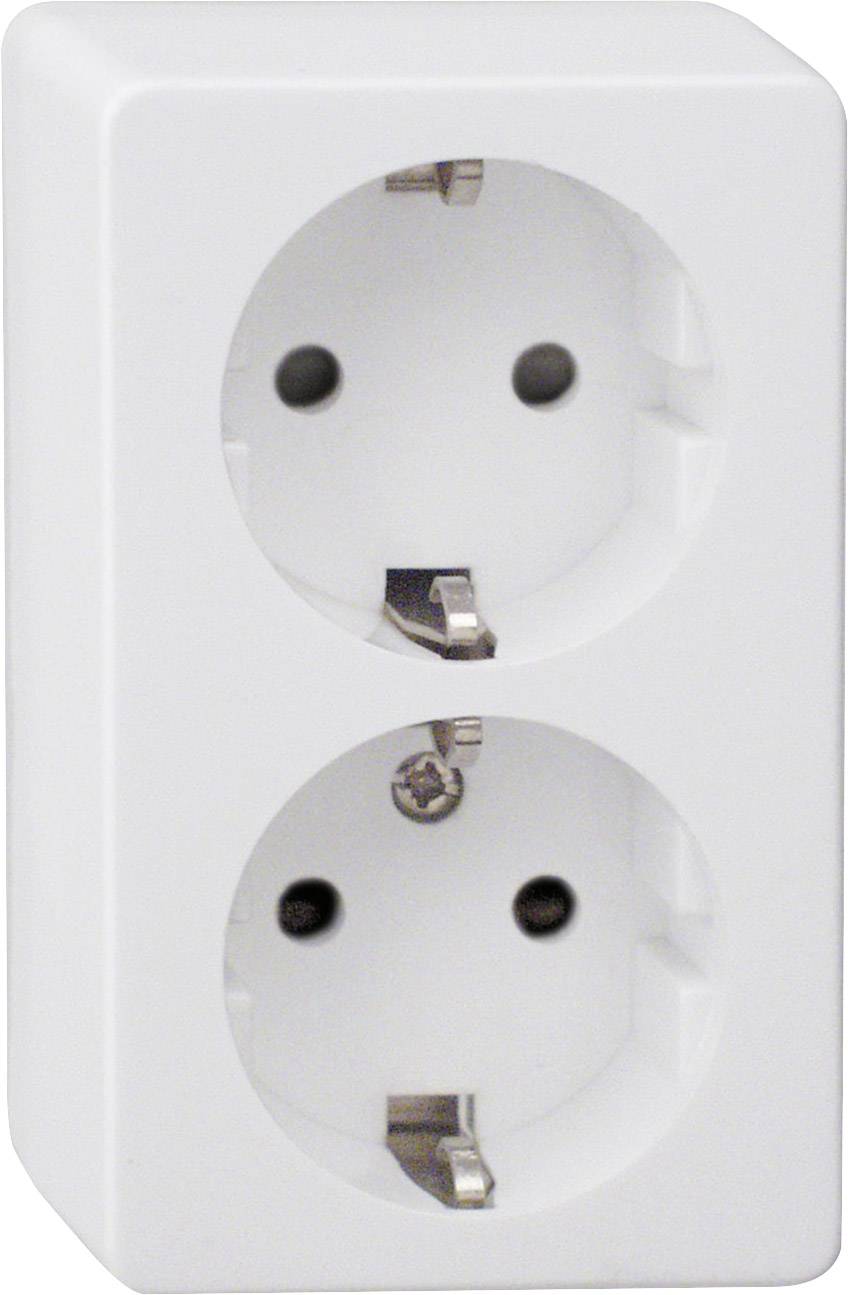 Eine weiße zweifache Steckdose mit runden Öffnungen für elektrische Geräte.