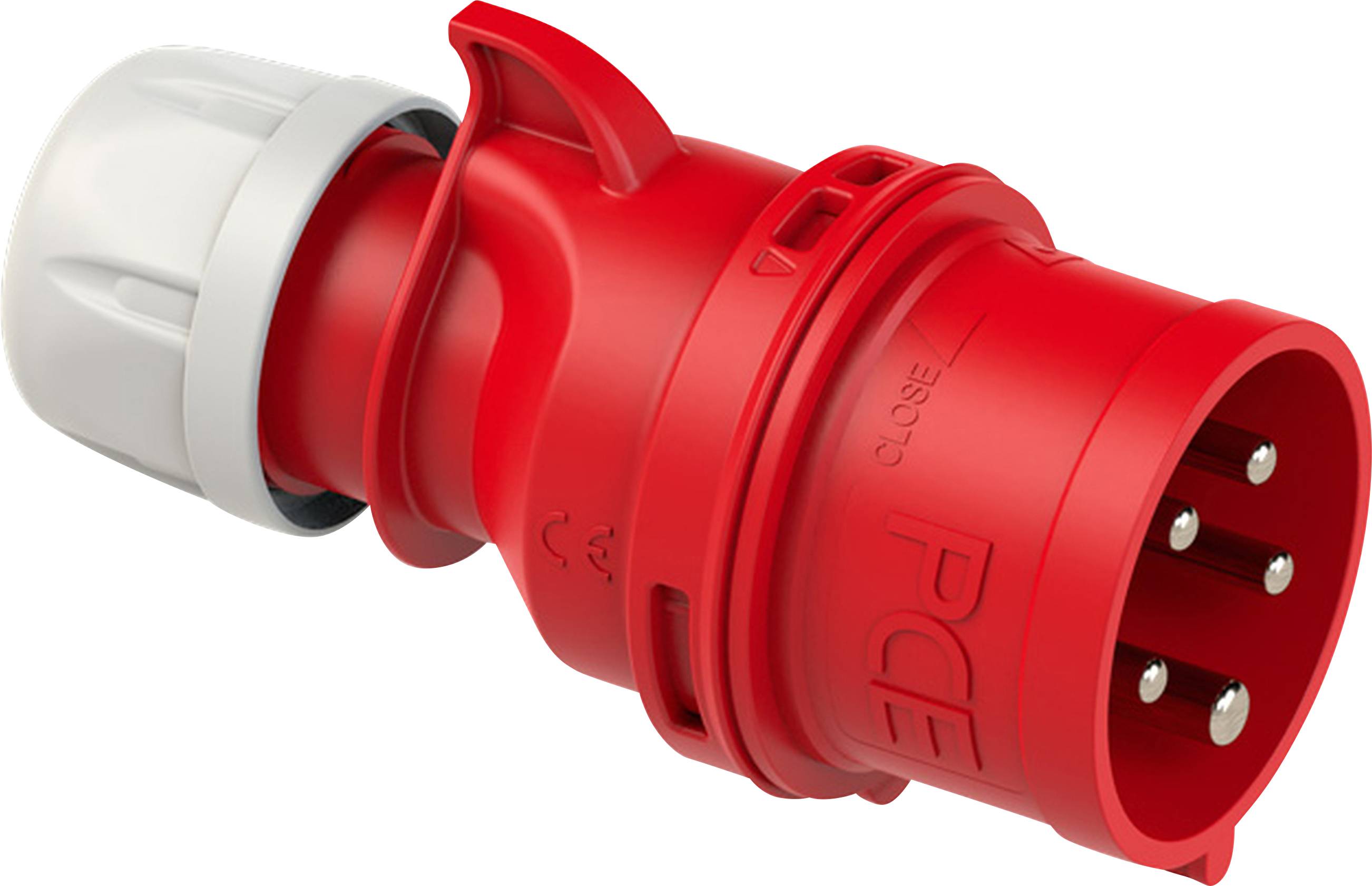 Roter, dreipoliger Starkstromstecker, perspektivisch von der Seite dargestellt.