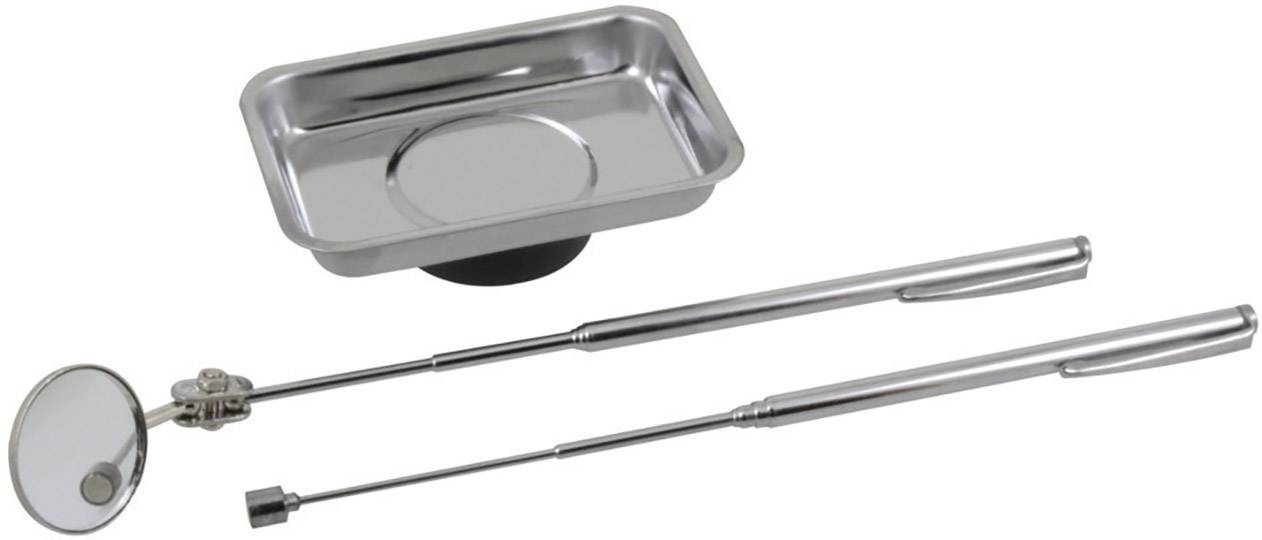 Ein magnetisches Tablett, ein Teleskopspiegel und ein Teleskopmagnet. Werkzeuge zur Suche und Rettung metallischer Objekte.