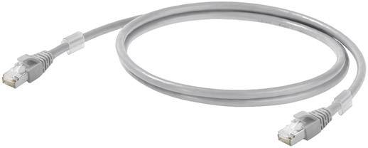 Graues Ethernet-Kabel mit zwei RJ-45-Steckern, verwendet zur Netzwerkverbindung zwischen Computern oder Geräten.