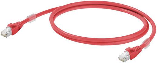 Rotes Netzwerkkabel mit RJ45-Steckern an beiden Enden, typisch für Ethernet-Verbindungen in Computernetzwerken.
