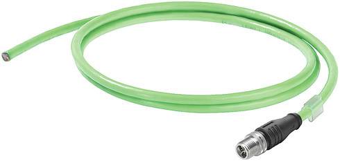 Grünes, rundes Kabel mit einem Metallanschluss an einem Ende und abisolierten Drähten am anderen Ende, auf weißem Hintergrund.