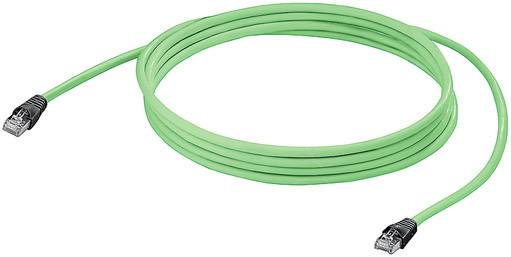 Grünes Ethernet-Kabel mit RJ45-Steckern an beiden Enden, aufgerollt in einer Schleife.