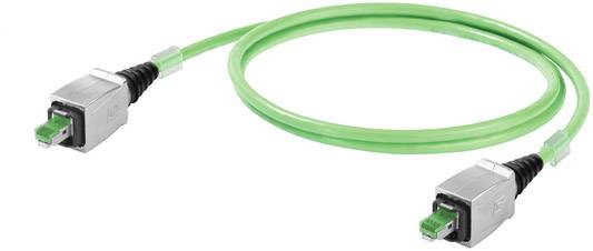 Ein grünes Glasfaserkabel mit zwei Metallsteckern an den Enden, geeignet für Hochgeschwindigkeits-Datenübertragungen.