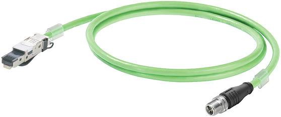 Grünes Ethernet-Kabel mit M12-Stecker auf RJ45-Stecker, geeignet für industrielle Anwendungen und Netzwerkinstallationen.